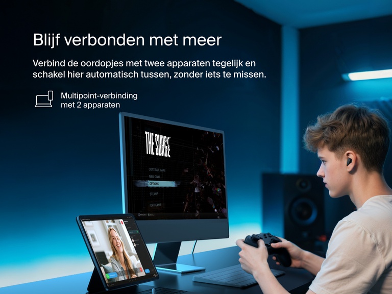 Belkin SoundForm Anywhere Wireless Earbuds with multipoint 2-device connection letting users switch seamlessly between gaming and video calls.