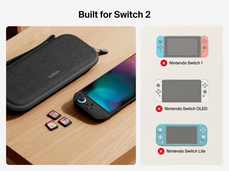 The Belkin Gaming Travel Case is shown beside a Nintendo Switch 2, with icons indicating compatibility exclusively with Switch 2—not with Switch 1, OLED, or Lite models.
