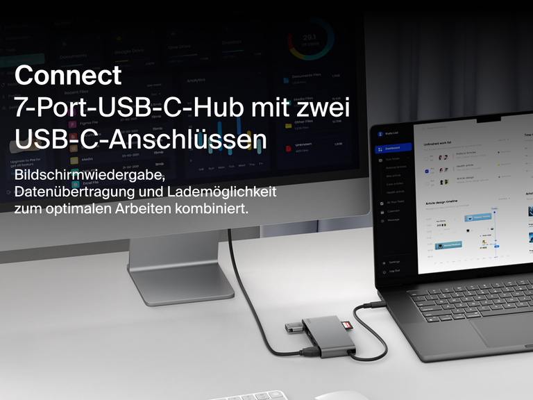 Belkin Connect 7-Port USB-C Hub with Dual USB-C Ports connected to a laptop and monitor on a desk setup.