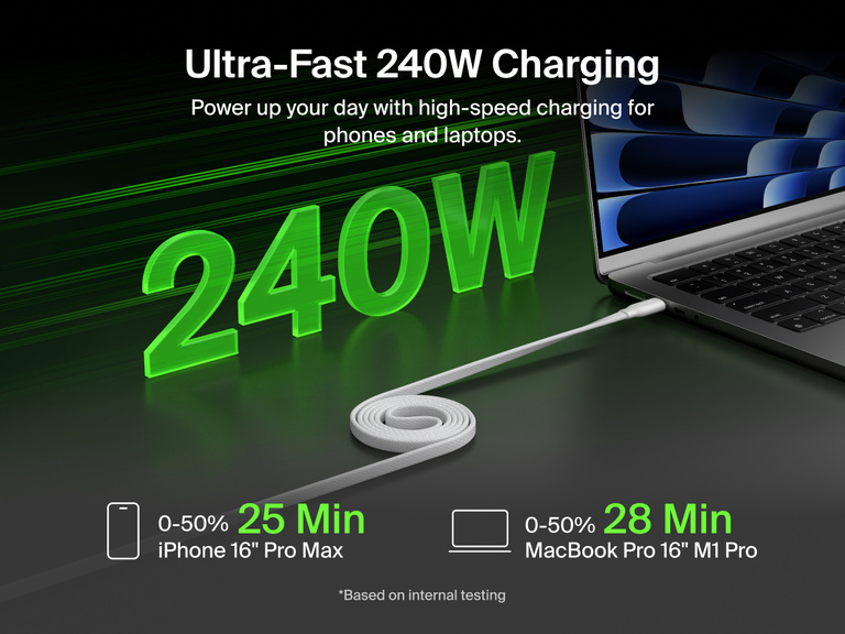 Belkin BoostCharge Pro Magnetic USB-C Cable 240W delivering ultra-fast charging for phones and laptops, shown powering a laptop with up to 240W high-speed performance.