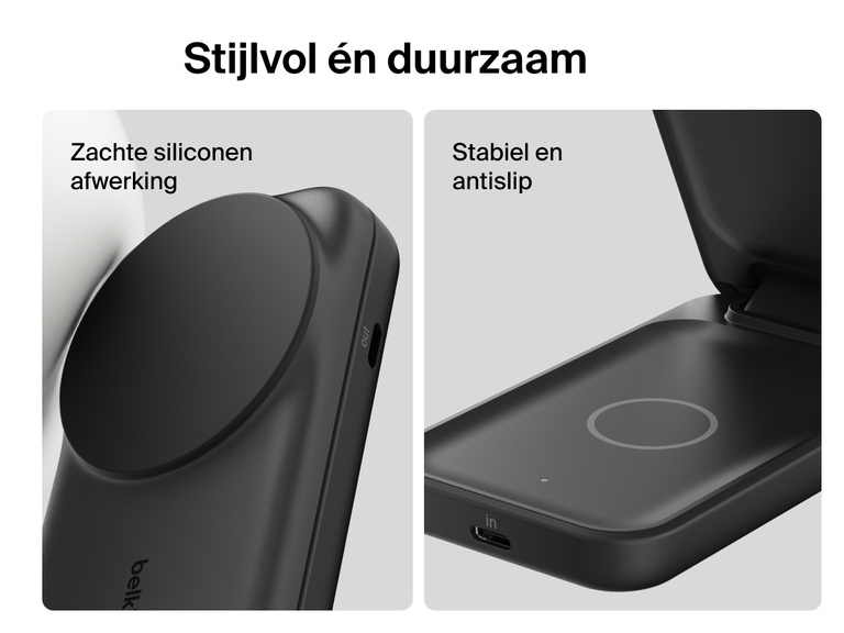 Close-up of Belkin UltraCharge 2-in-1 Foldable Magnetic Charger with Qi2 25W, featuring soft-touch silicone and a stable non-slip base for enhanced durability and secure charging.