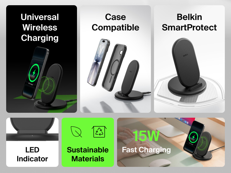 Belkin BoostCharge Wireless Charging Stand 15W shown with key features including universal wireless charging, case compatibility, SmartProtect technology, LED indicator, sustainable materials, and 15W fast charging.