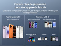 Graphique de compatibilit&eacute; de la batterie externe magn&eacute;tique Belkin&nbsp;UltraCharge&nbsp;Pro&nbsp;Slim&nbsp;5K avec BoostSolid&nbsp;Cell illustrant la recharge sans fil et USB-C pour iPhone, appareils Android, tablettes, accessoires et autres &eacute;quipements USB-C.