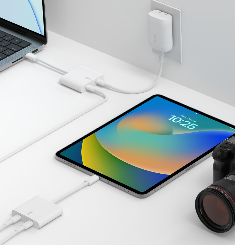 Belkin Connect USB-C™ to Dual-Port USB-C Adapter, Hub Dongle with 2 USB-C 3.2 Gen2 Ports & 100W PD with Max 10Gbps High-Speed Data Transfer for MacBook, iPad, Chromebook, PC, and More - White | Belkin US