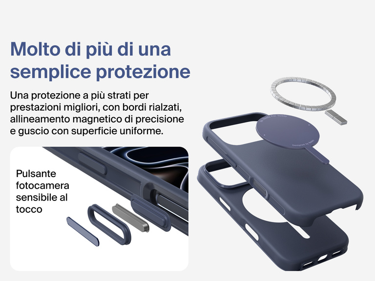Immagine della custodia Belkin SheerForce Protect Series per iPhone 17 che evidenzia la compatibilit&agrave; con MagSafe e Qi2 per un aggancio magnetico potente a caricabatterie e altri accessori.