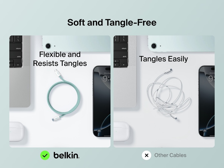 Side-by-side comparison showing the Belkin BoostCharge USB-C to USB-C Cable 240W as flexible and tangle-resistant versus standard cables that tangle easily.