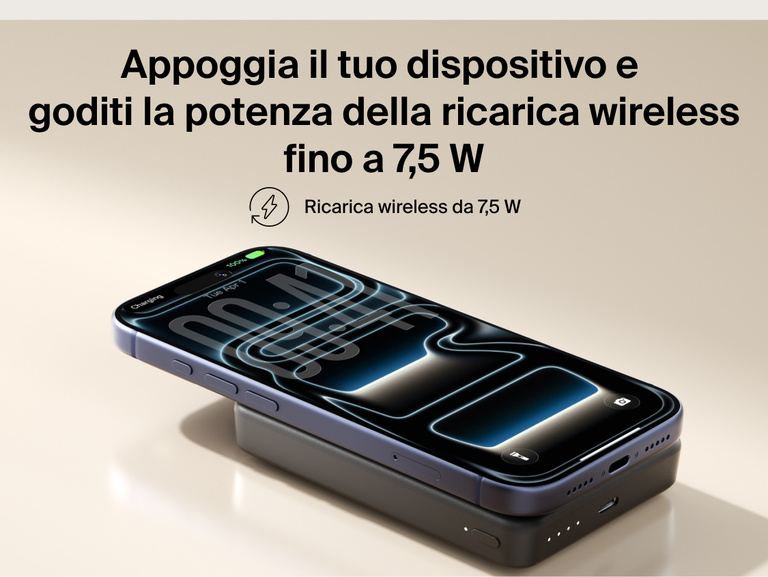 Belkin BoostCharge Slim Magnetic Power Bank 10K magnetically attached to a smartphone delivering 7.5W wireless charging in a slim portable design