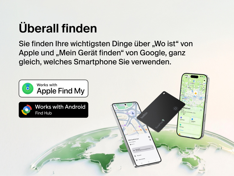 Die Belkin SureFind Karte mit Bluetooth Tracker, die kompatibel mit &bdquo;Wo ist&ldquo; von Apple und &bdquo;Mein Ger&auml;t finden&ldquo; von Google ist, wird mit Smartphones gezeigt, auf denen Standortkarten zu sehen sind.