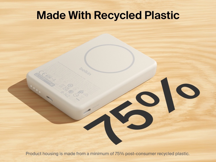 Belkin BoostCharge Slim Magnetic Power Bank 10K highlighting eco-friendly design made with 75% post-consumer recycled plastic and USB-C charging ports