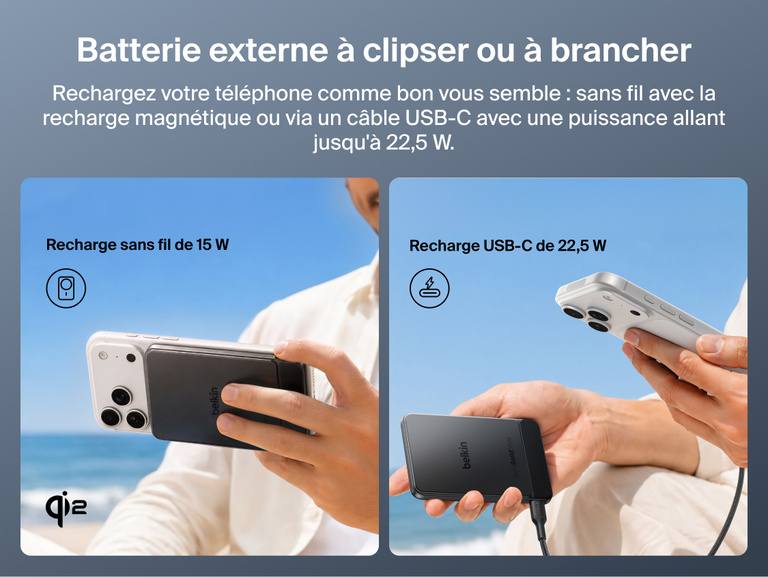 Image de la batterie externe magn&eacute;tique Belkin&nbsp;UltraCharge&nbsp;Pro&nbsp;Slim&nbsp;5K avec BoostSolid&nbsp;Cell d&eacute;montrant une recharge sans fil magn&eacute;tique Qi2 de 15&nbsp;W ainsi qu'une recharge USB-C allant jusqu'&agrave; 22,5&nbsp;W.