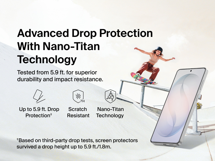 Belkin ScreenForce Titan EcoGuard Red Light Screen Protector for Samsung Galaxy S26 featuring Nano-Titan technology with scratch resistance and up to 5.9-foot drop protection for durable, everyday screen defense.