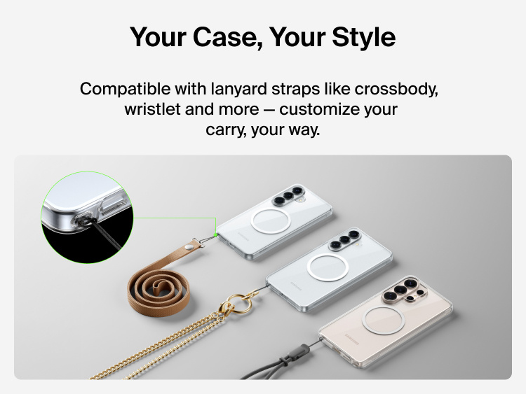 Belkin SheerForce Clear Series Case for Samsung Galaxy S26 shown with lanyard attachment point, compatible with crossbody and wristlet straps for customizable, hands-free phone carry.