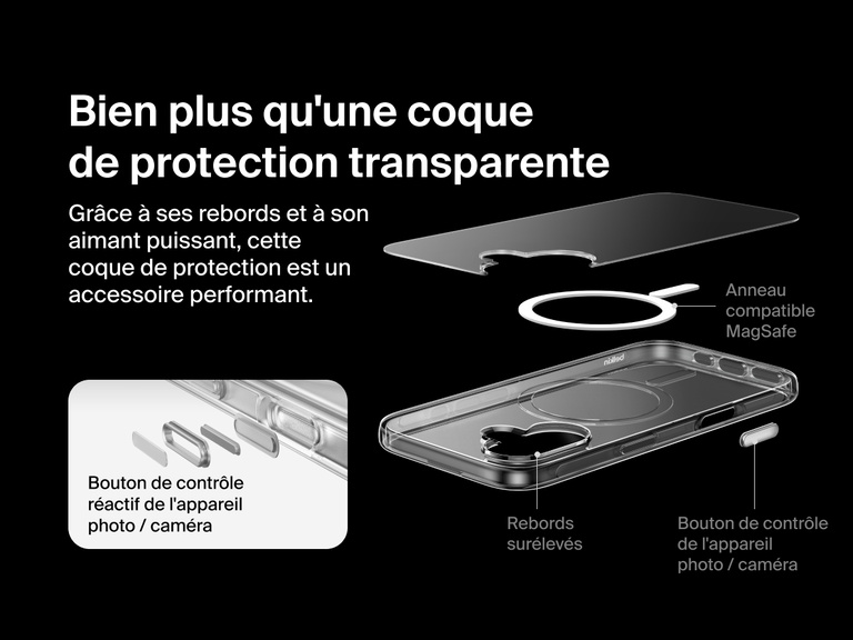 Belkin SheerForce Clear Series Case for iPhone 17 with raised edges, MagSafe-compatible ring, touch-sensitive camera button, and layered clear protection design.