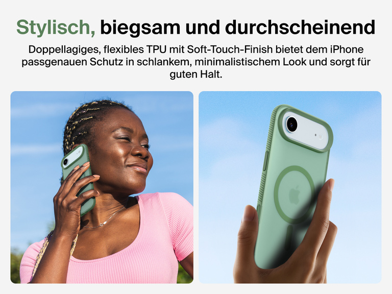 Belkin SheerForce Grip Series Case for iPhone 17 with slim translucent design and soft-touch finish for a comfortable grip.