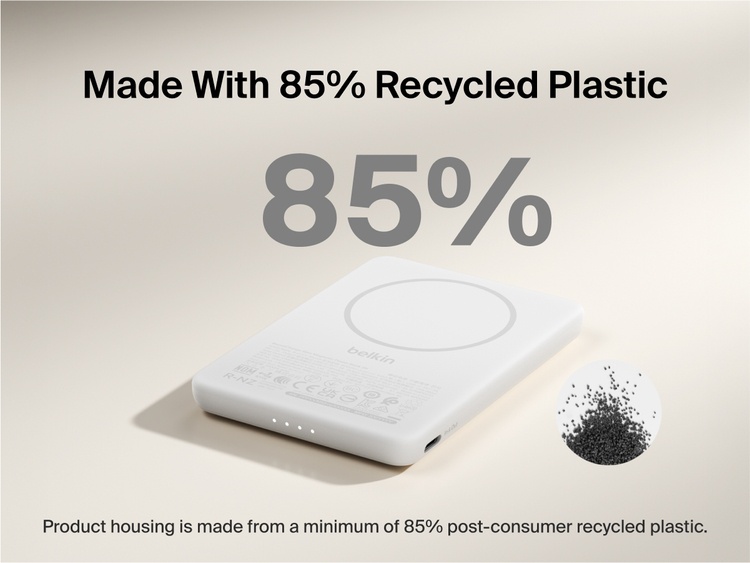 Belkin BoostCharge Slim Magnetic Power Bank 5K shown with text highlighting that its housing is made from 85% post-consumer recycled plastic for sustainable design.