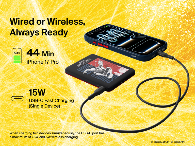 Belkin BoostCharge Slim Magnetic Power Bank 5K shown charging a smartphone via USB-C, highlighting 15W fast charging and dual wired or magnetic wireless power capability.