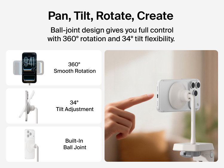 A promotional graphic highlights the flexibility of the Belkin magnetic phone tripod mount. On the left, icons show 360&deg; smooth rotation, 34&deg; tilt adjustment, and a built-in ball joint. On the right, a close-up image shows a hand adjusting the angle of an iPhone attached to the magnetic mount on a tripod. Text at the top reads &ldquo;Pan, Tilt, Rotate, Create,&rdquo; emphasizing full-angle control for capturing the perfect shot.