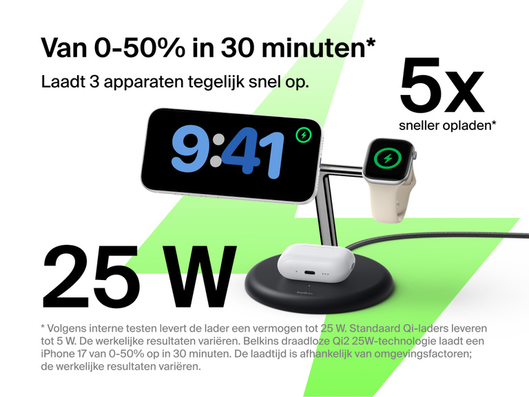 Belkin UltraCharge 3-in-1 Wireless Charging Stand with Qi2 25W charging iPhone, Apple Watch, and AirPods simultaneously on a compact vertical dock