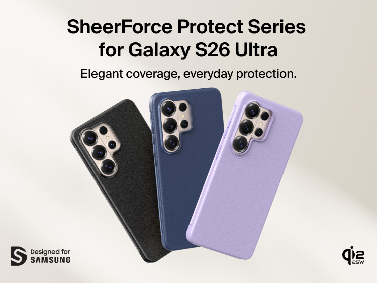 Belkin SheerForce Protect Series Case for Samsung Galaxy S26 shown on device, offering slim, durable everyday protection with a precision fit designed for Samsung compatibility.