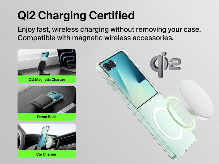 Belkin Clear Series Case for Samsung Galaxy Z Flip8 is Qi2 certified for fast wireless charging and compatibility with magnetic chargers, power banks, and car mounts.