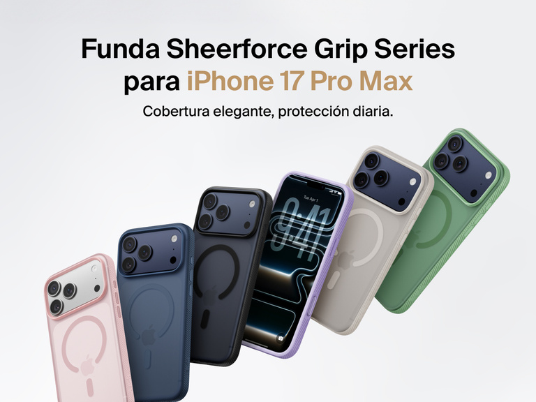 Belkin SheerForce Grip Series protective case for iPhone 17 shown in pink, clear, and black with slim design and MagSafe compatibility.