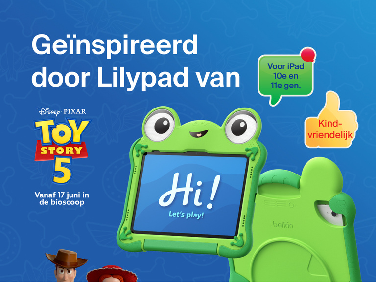 Disney Toy Story 5 Lilypad Case for iPad 10th and 11th Gen with frog-inspired design holding tablet displaying &ldquo;Hi! Let&rsquo;s play!&rdquo; and Toy Story 5 branding with kid-friendly design callout