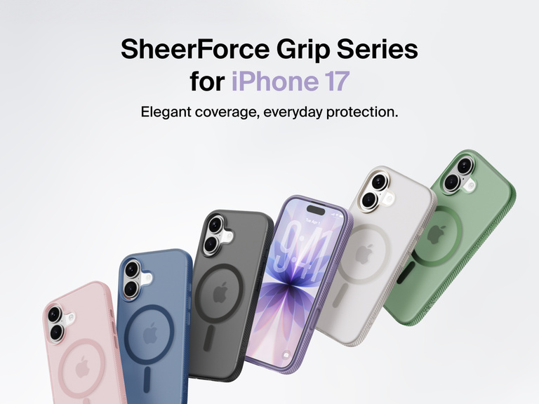 Belkin SheerForce Grip Series protective case for iPhone 17 shown in pink, clear, and black with slim design and MagSafe compatibility.