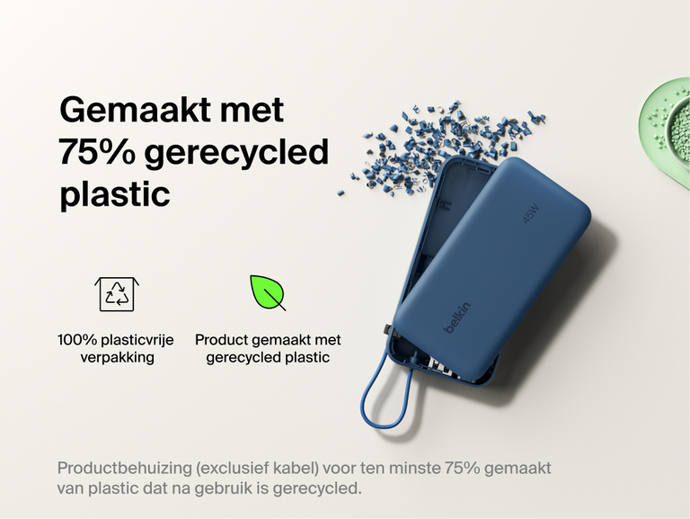 Belkin UltraCharge 10K power bank with integrated USB-C cable and digital display made with 75% recycled plastic and eco-friendly packaging