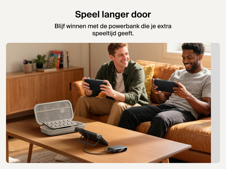 Two men gaming on Nintendo Switch 2 consoles while the Belkin Gaming Charging Case powers a device on the coffee table, showcasing extended playtime with built-in game card storage and charging.