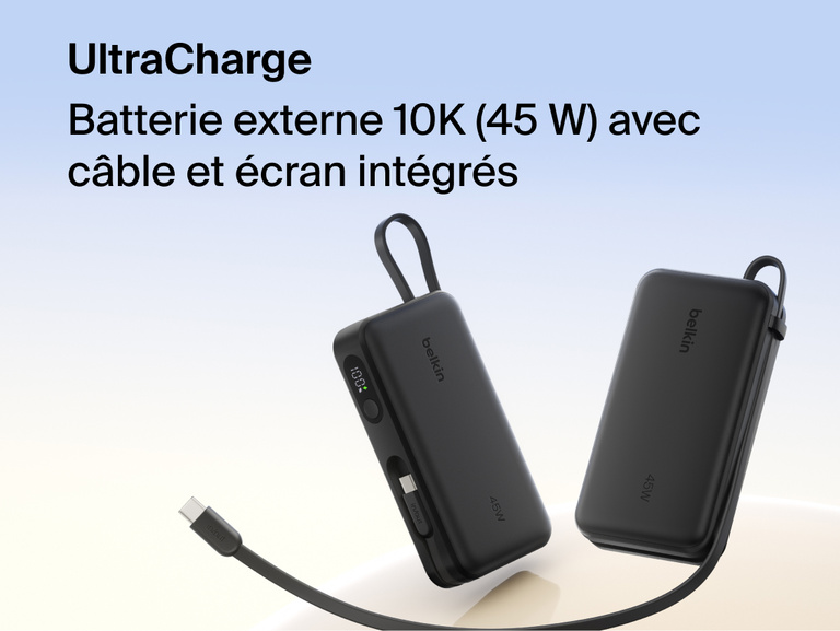 Belkin UltraCharge 10K 45W power bank with integrated cable and digital display showing battery level, designed for fast portable charging.