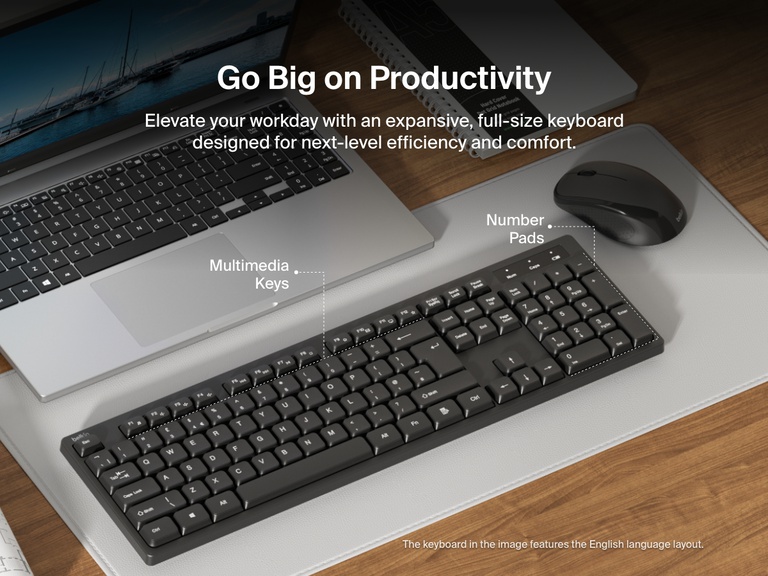 The Belkin Connect Wireless Keyboard and Mouse Combo is shown on a desk with a laptop, highlighting the keyboard’s full-size layout with multimedia keys and number pad designed for productivity and comfort.