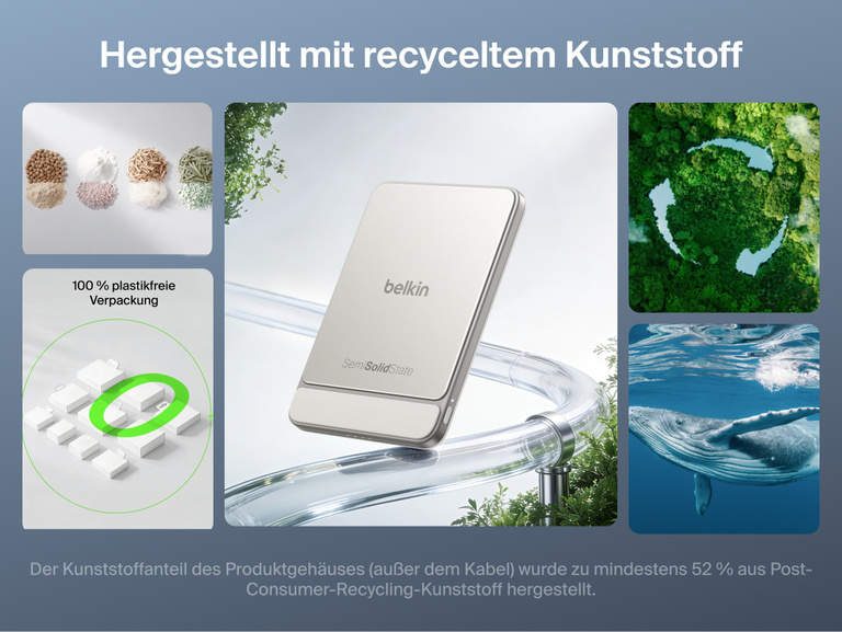 Belkin UltraCharge Pro schlanke magnetische Powerbank 5K mit BoostSolid-Zelle mit Graphik zur Nachhaltigkeit, auf der die Konstruktion aus recyceltem Kunststoff und die zu 100&nbsp;% plastikfreie Verpackung hervorgehoben werden.