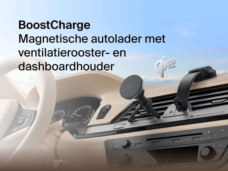 Belkin BoostCharge Magnetic Wireless Charging Car Vent and Dash Mount shown installed in a vehicle, featuring Qi2 fast charging with a portrait or landscape magnetic phone attachment.