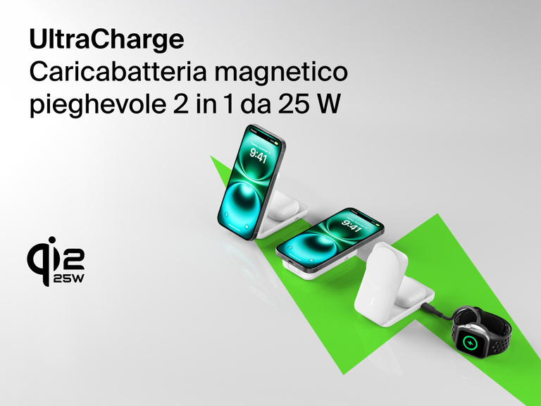 Immagine del caricabatteria magnetico pieghevole 2 in 1 con Qi2 da 25 W Belkin UltraCharge che ricarica un iPhone, gli AirPods e l'Apple Watch su un supporto elegante e compatto.