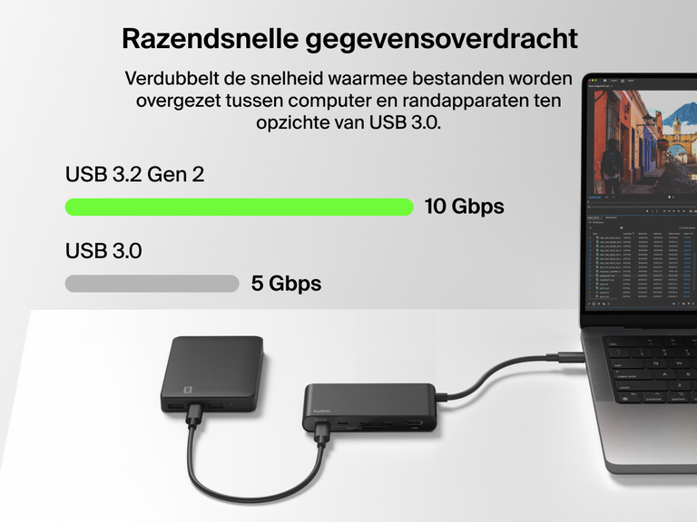 Belkin Connect 5-Port USB-C Hub with 4K HDMI enables lightning-fast USB 3.2 Gen 2 data transfer up to 10Gbps for MacBook.