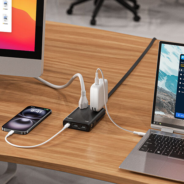A wooden desk with a computer monitor, a laptop, and a smartphone connected to a compact power strip and charging hub, with multiple cables supplying power to the devices.