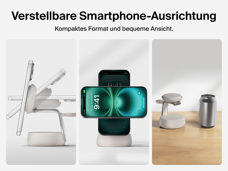 Die Belkin UltraCharge Pro magnetische 3-in-1-Ladestation mit Qi2 25W hat eine kompakte, platzsparende Grundfläche und der Blickwinkel für das iPhone lässt sich zur optimalen Ansicht verstellen.