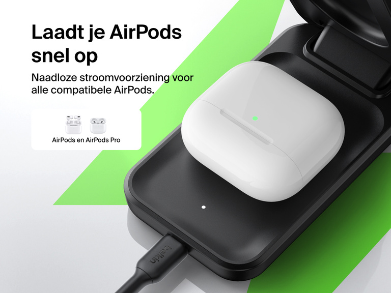 De Belkin UltraCharge 3-in-1 uitklapbare magnetische lader met Qi2 25W biedt snel draadloos opladen voor AirPods en AirPods Pro met naadloze compatibiliteit.