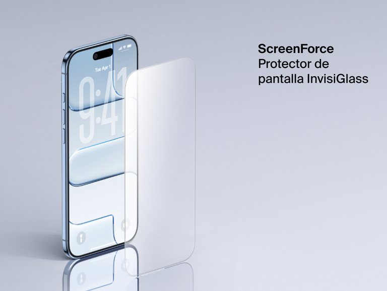 Se muestra el protector de pantalla ScreenForce InvisiGlass de Belkin sobre la pantalla de un iPhone. Se resalta por ofrecer una protecci&oacute;n resistente, clara y n&iacute;tida.