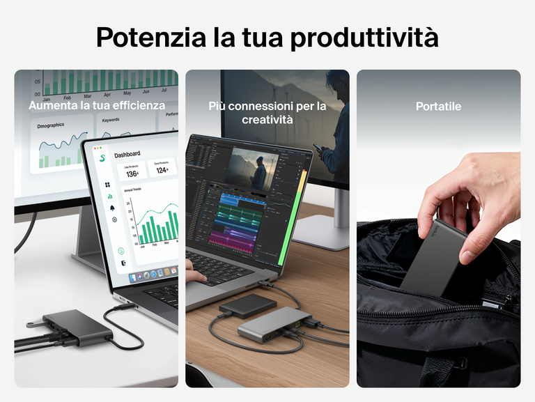 Immagine di un hub con 8 porte USB-C ed Ethernet da 2,5 Gb Connect di Belkin che evidenzia la sua capacità di migliorare la workstation per lavorare ed essere creativi e il suo design compatto, facilmente riponibile in una borsa per un uso in mobilità.