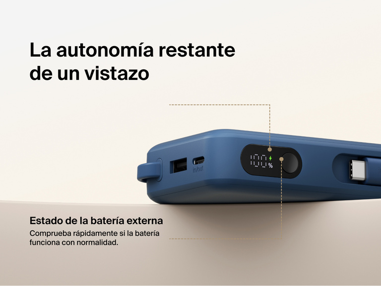 Belkin UltraCharge 10K power bank with integrated USB-C cable and digital display showing real-time battery percentage and charging status