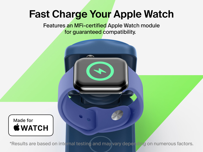 Belkin UltraCharge 3-in-1 Foldable Magnetic Charger with Qi2 25W fast charges Apple Watch Series 10 to 80% in 30 minutes using an MFi-certified charging module.