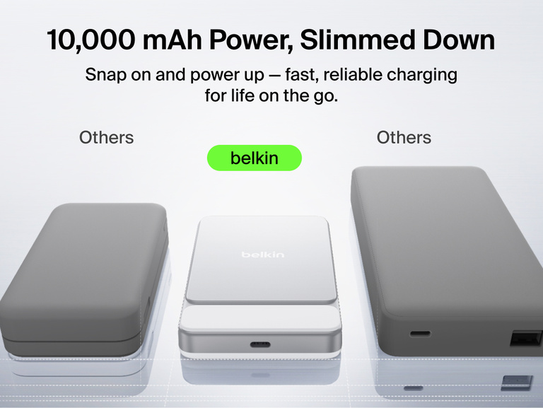 Belkin UltraCharge Slim Magnetic Power Bank 10K highlighting premium aluminum finish, ergonomic grip, soft-touch magnetic surface, digital display, and portable wireless charging design