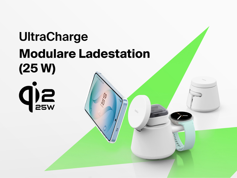 Die Belkin UltraCharge modulare Ladestation mit Qi2 25W erm&ouml;glicht schnelles induktives Laden kompatibler Smartphones, Smartwatches und In-Ear-Kopfh&ouml;rer in einer kompakten modularen Konstruktion.