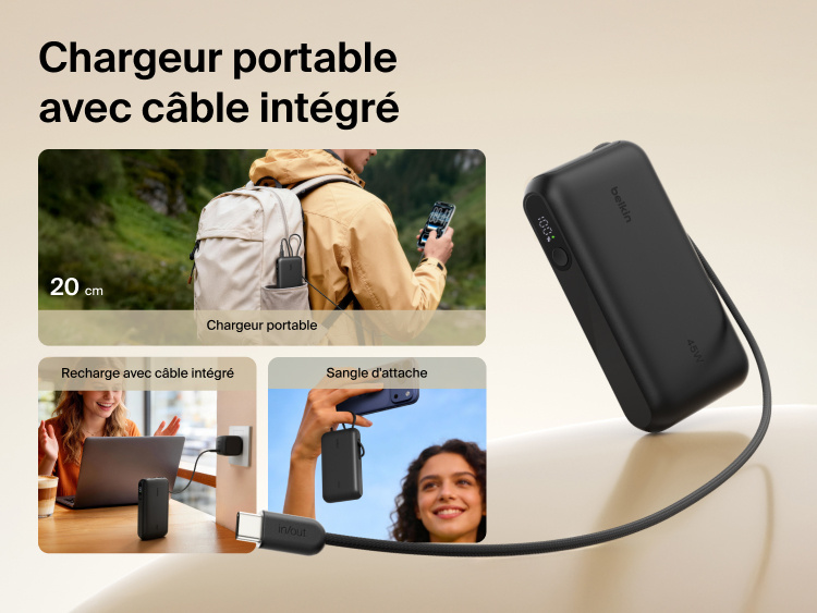 Belkin UltraCharge 10K power bank with integrated USB-C cable and digital display designed for portable charging, recharging, and convenient carry on the go