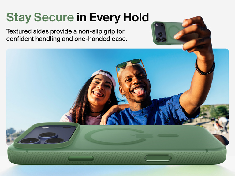 Belkin SheerForce Grip Series Case for iPhone 17 with military-grade drop protection and textured non-slip grip.