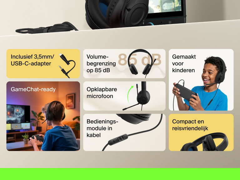 Hier staan kenmerken van de Belkin Gaming Inspire bedrade headset voor kinderen voor de Nintendo Switch 2, met nadruk op de pasvorm voor kinderen, volumebegrenzing op 85 dB, opklapbare ingebouwde microfoon, geschiktheid voor GameChat, meegeleverde USB-C-kabel en compacte en reisvriendelijke vormgeving.