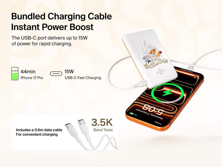 Belkin BoostCharge Slim Magnetic Power Bank 5K shown wirelessly charging earbuds, demonstrating 7.5W max magnetic wireless charging for single-device power.