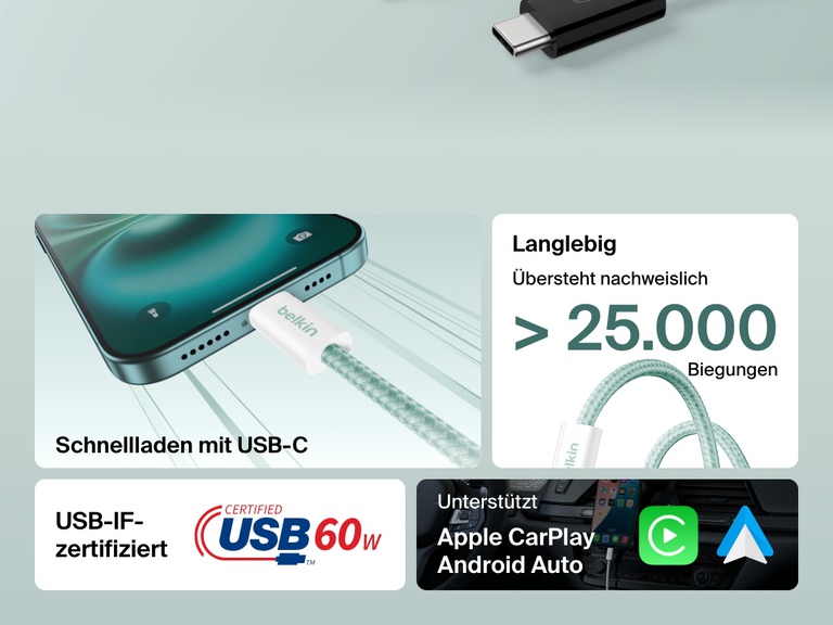 Infografik, in der das Belkin BoostCharge USB A auf USB C Kabel (60 W) gezeigt wird, das mehr als 25.000 Biegungen standhält, über eine USB-IF-Zertifizierung verfügt und sich zum Schnellladen sowie für Apple CarPlay und Android Auto eignet.