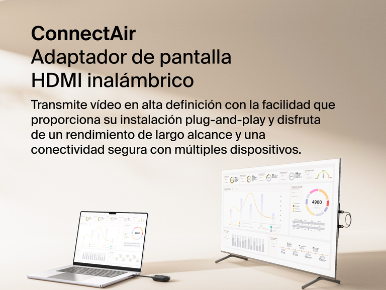 Se muestra el adaptador inal&aacute;mbrico para pantalla HDMI Belkin Connect Air transmitiendo v&iacute;deo desde la pantalla de un port&aacute;til a un monitor m&aacute;s grande para proporcionar una experiencia de streaming de contenido HD fluida, plug-and-play y de largo alcance.  